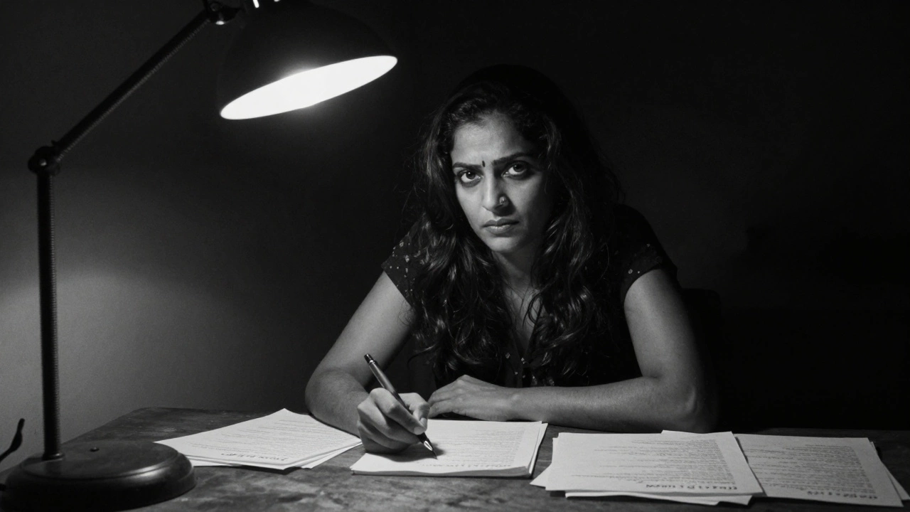 Kamala Das writing intensely at a desk, representing confessional poetry