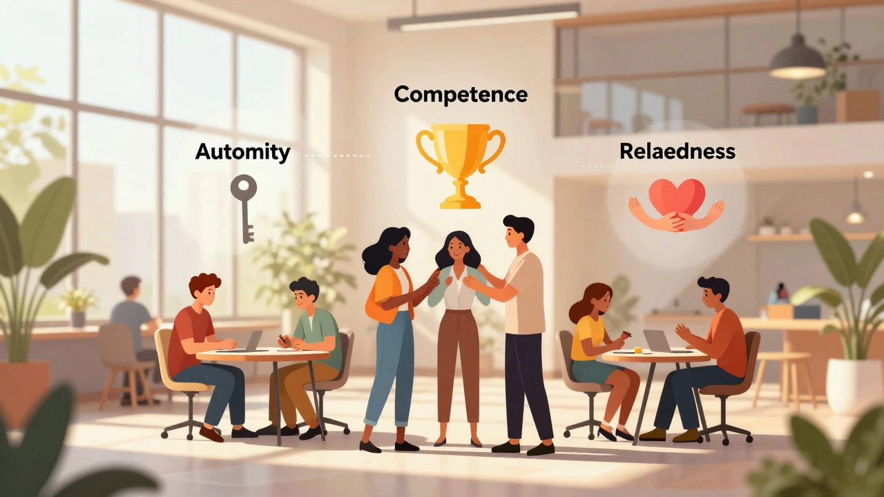People collaborating in a sunlit space with symbolic icons of autonomy and connection