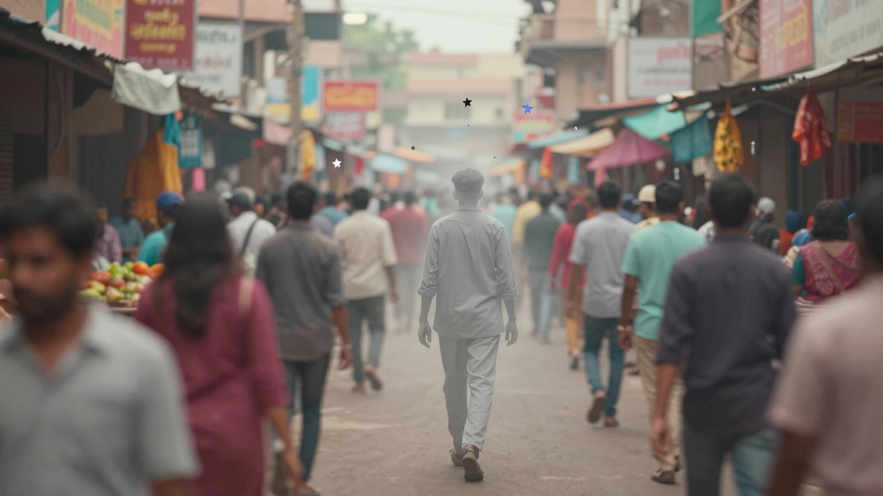 Person isolated in grey void amidst colorful crowded Indian street