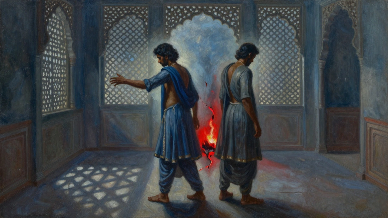 Two figures back-to-back in shadowy room, symbolizing betrayal