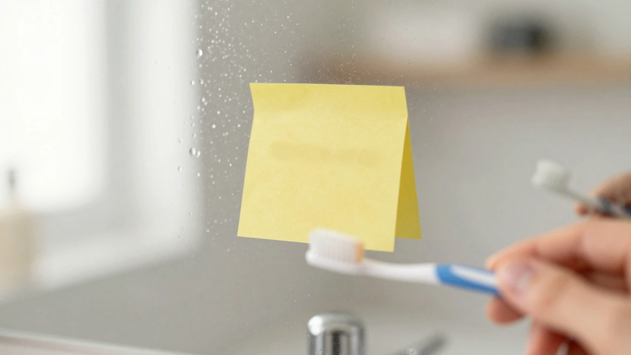 Yellow sticky note on a foggy bathroom mirror