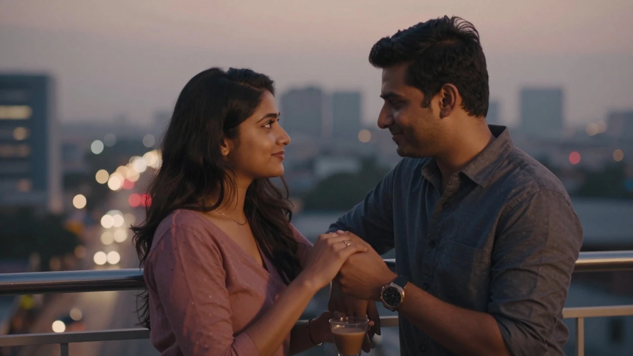 Young Indian couple holding hands on a balcony at dusk