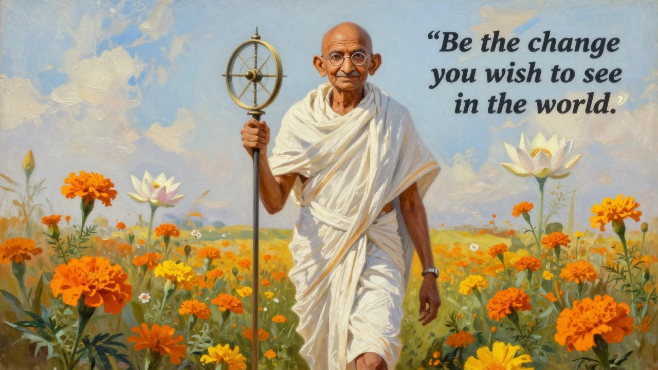 Artistic painting of Mahatma Gandhi walking through a field of marigolds and lotuses