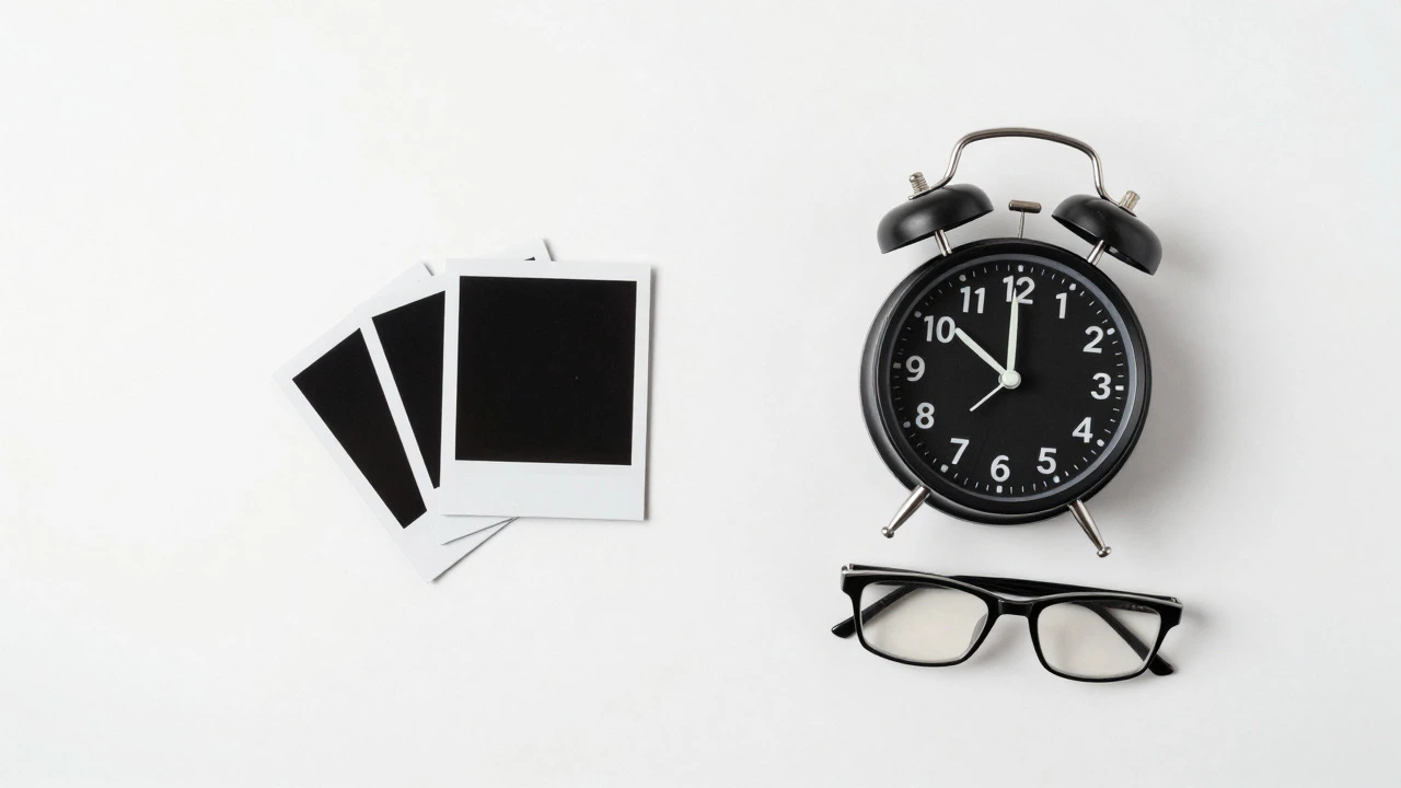 Black and white clock at 11:59 PM with polaroids on a white surface