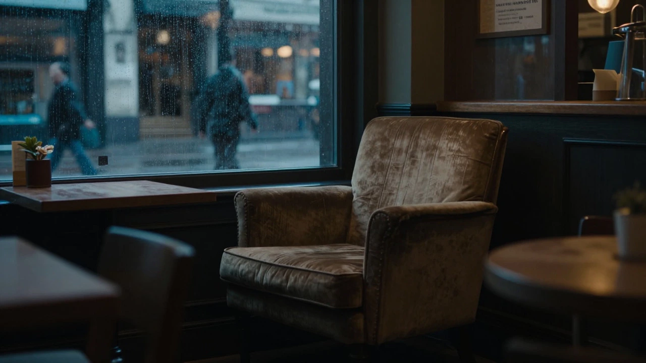 Empty chair in a rainy cafe corner creating a mysterious atmosphere