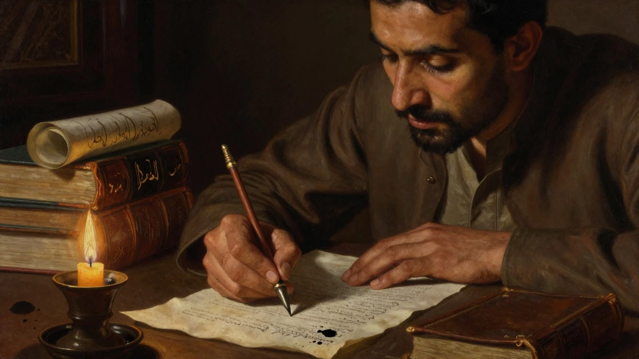 Historical poet writing ghazals by candlelight in a study