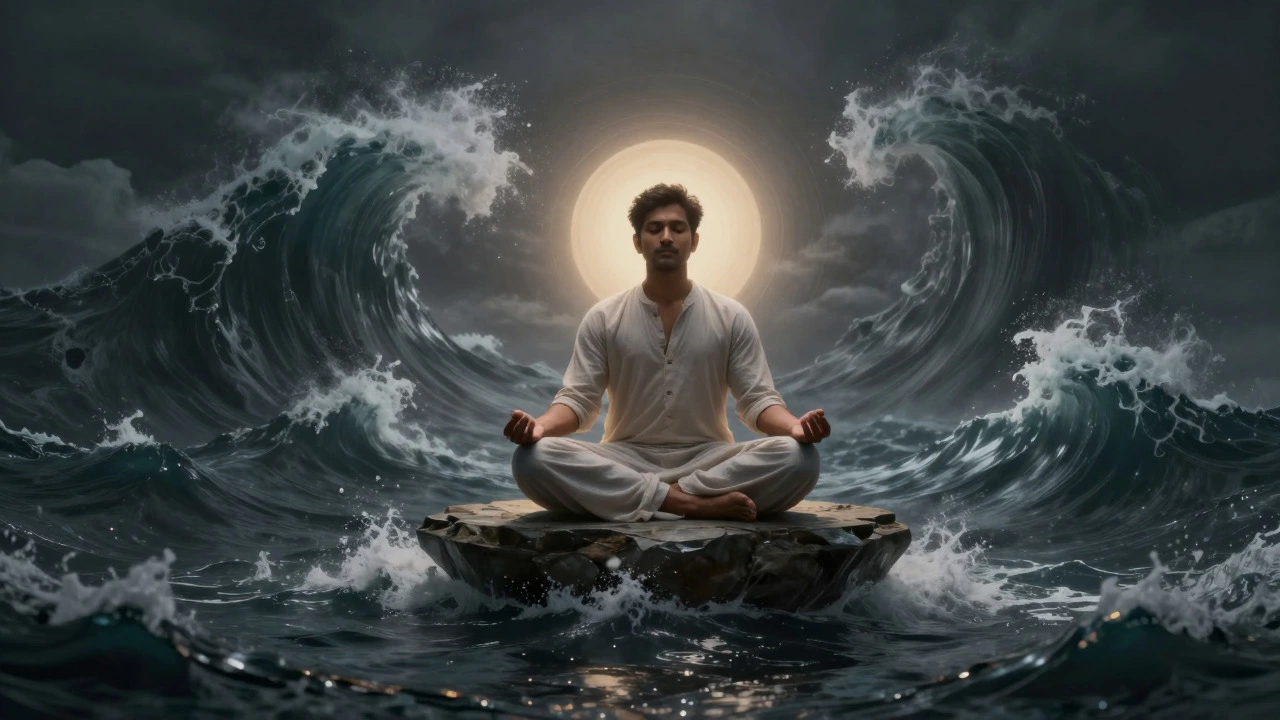 Man meditating calmly amidst stormy ocean waves