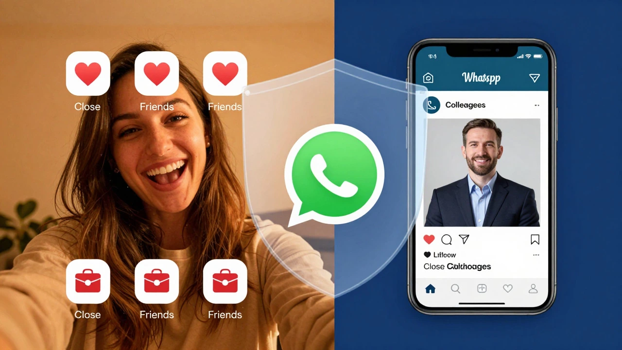 Split image showing different WhatsApp statuses for friends versus colleagues.