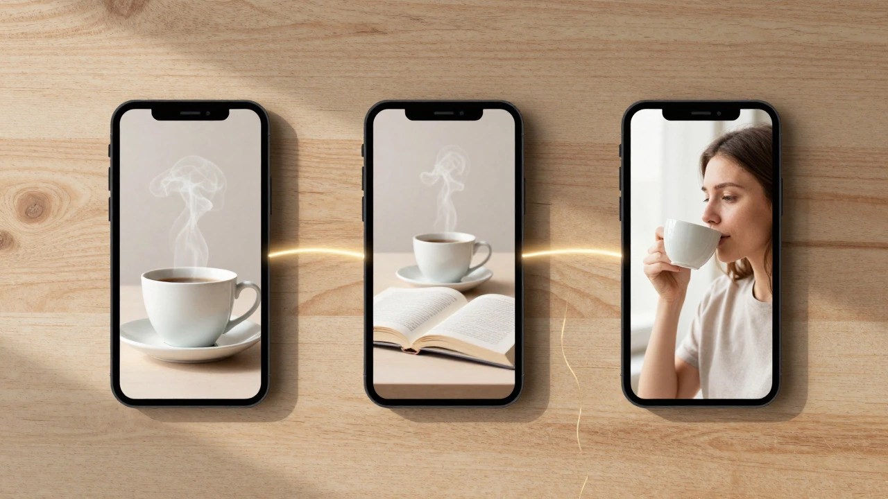 Three phone screens illustrating a sequential story about coffee and reading.