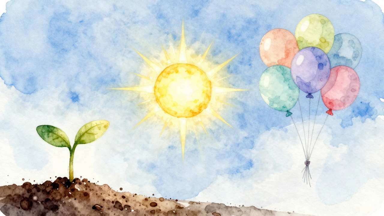 Watercolor art of a sprout, sunburst, and balloons