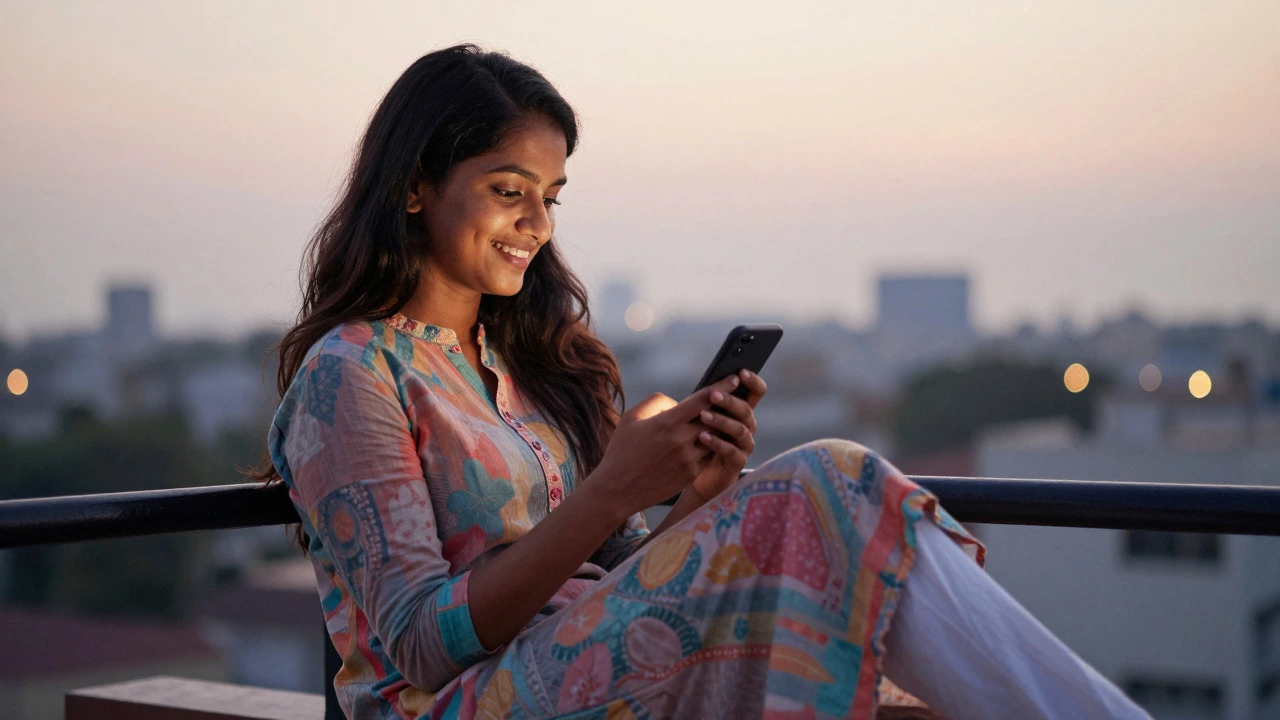 Woman smiling on a balcony holding a phone at sunset