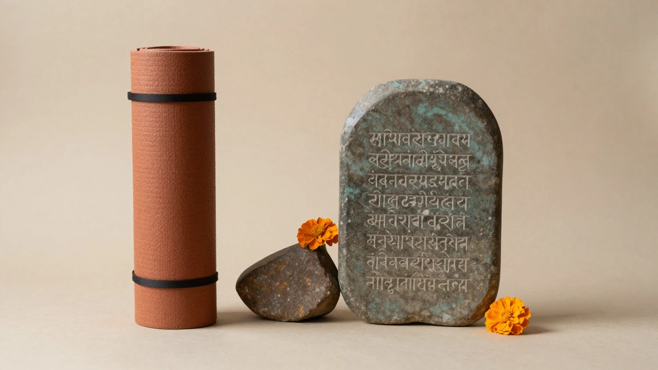 Yoga mat and ancient stone tablet with Sanskrit inscriptions.
