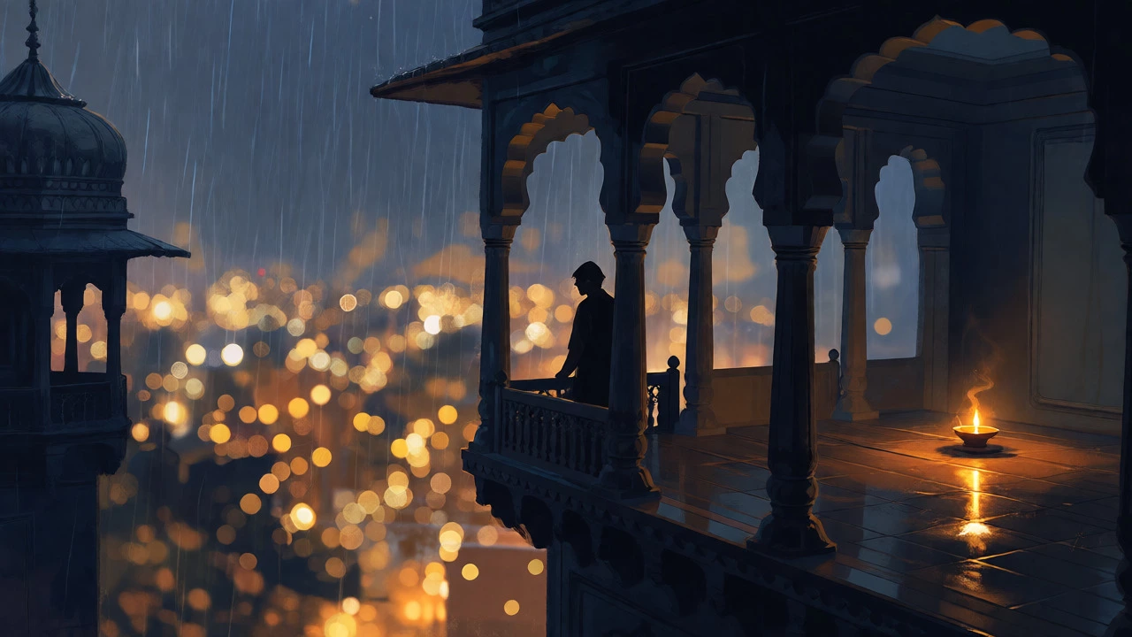 A lonely figure on a rainy balcony in India, gazing at city lights, symbolizing separation.