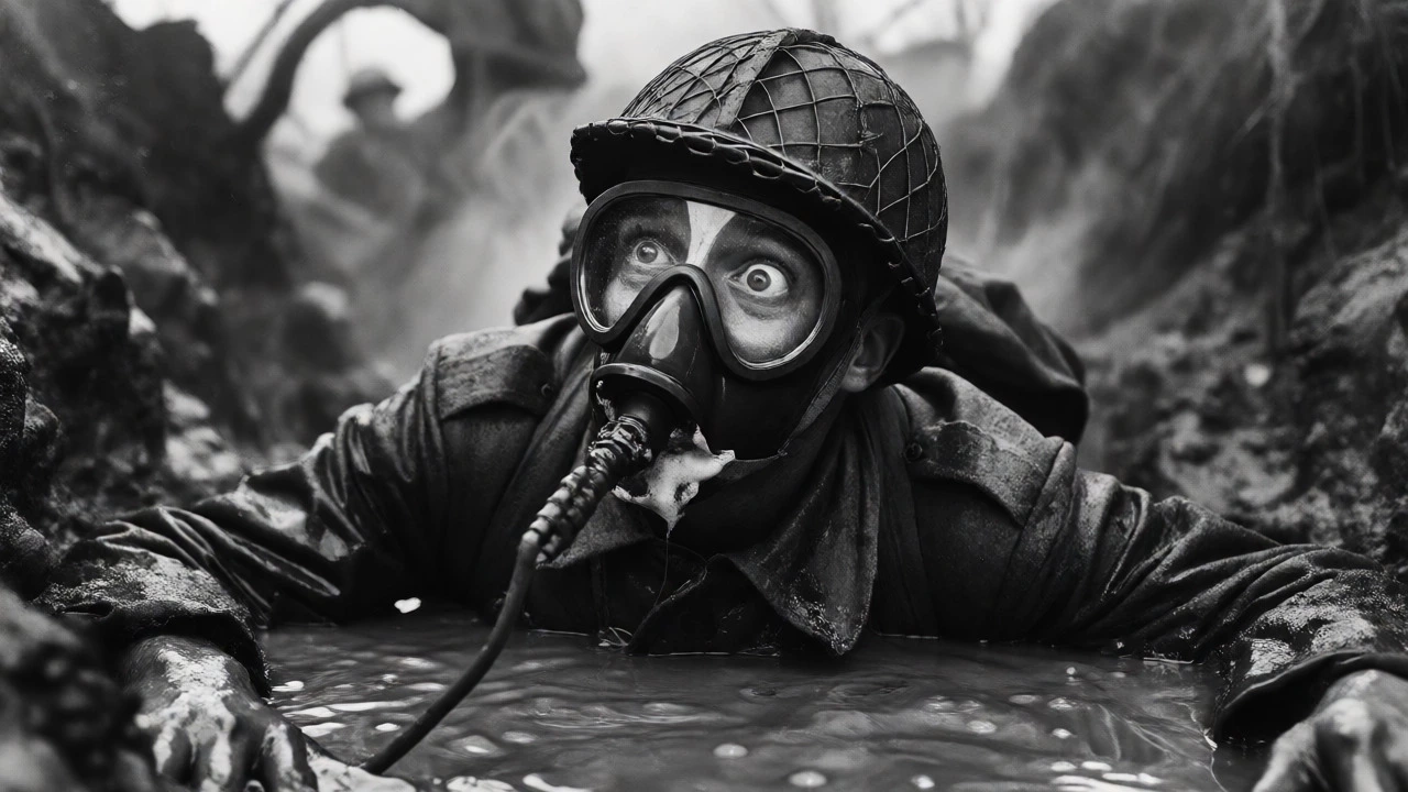 A WWI soldier in a muddy trench with a gas mask, capturing the horror of war.