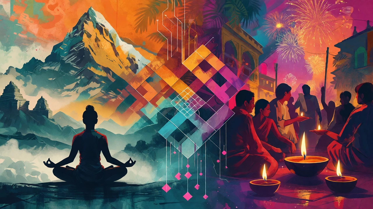 Artistic blend of yoga in mountains, Diwali celebrations, and abstract chess-digital motifs.