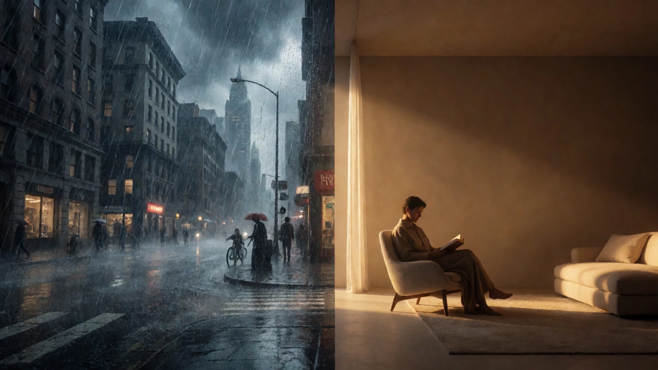 Contrast between a stormy city and a calm reader