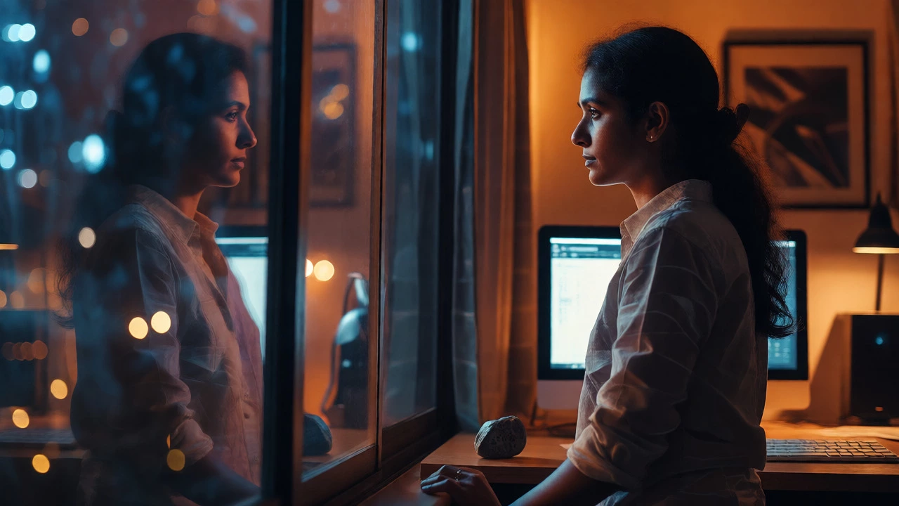 Designer reflecting at night, finding clarity to overcome hesitation