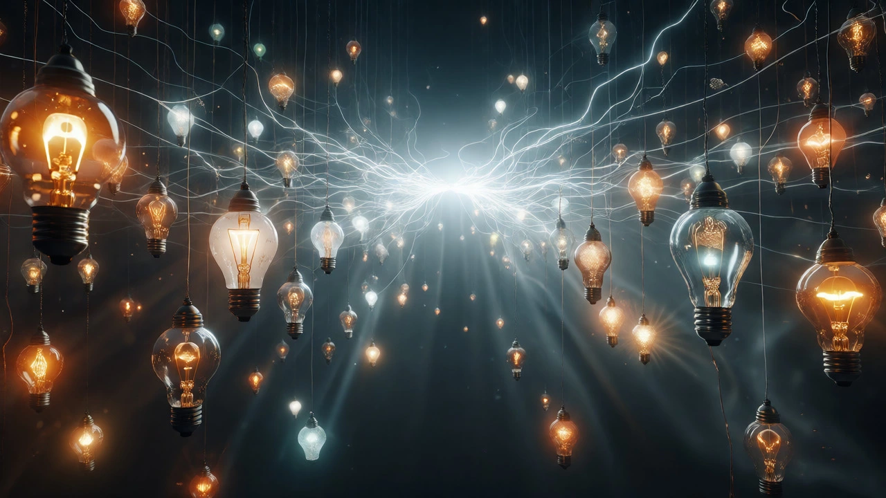 Floating lightbulbs connected to a central light source in a dark void.