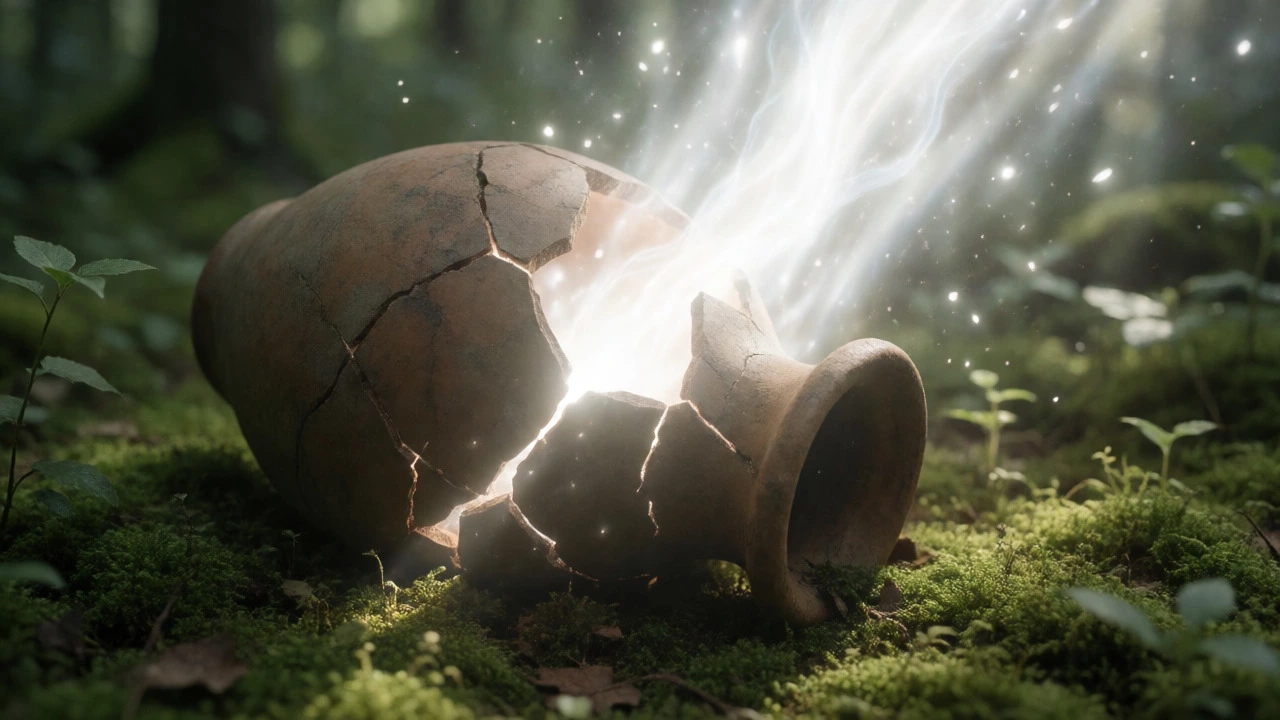 Light shining through cracks in a broken clay pot