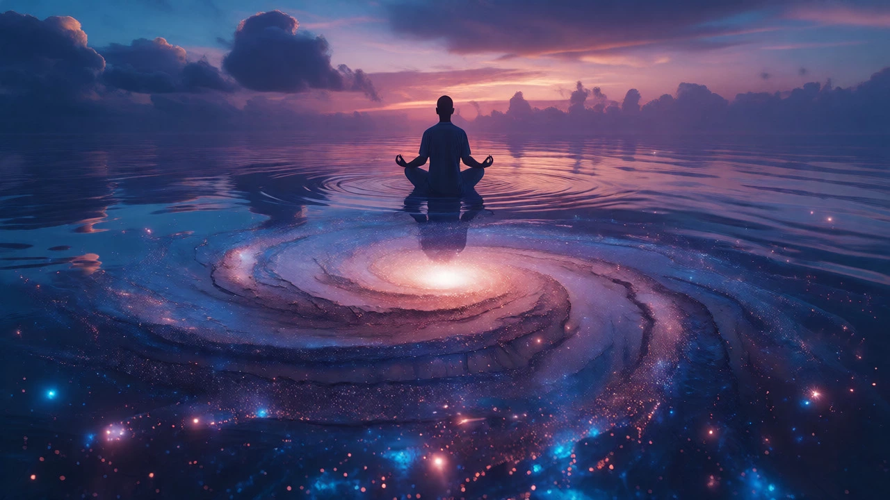 Meditating figure reflecting a cosmic galaxy in water