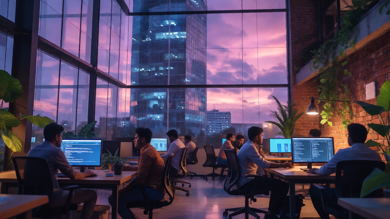 Modern engineers collaborating in a stylish Bangalore tech office at dusk with city lights.