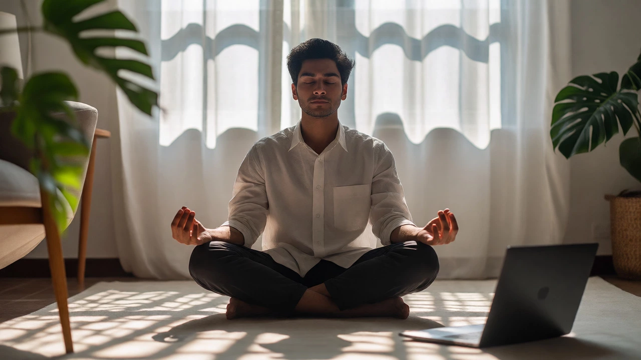 Person meditating in a bright, modern home office