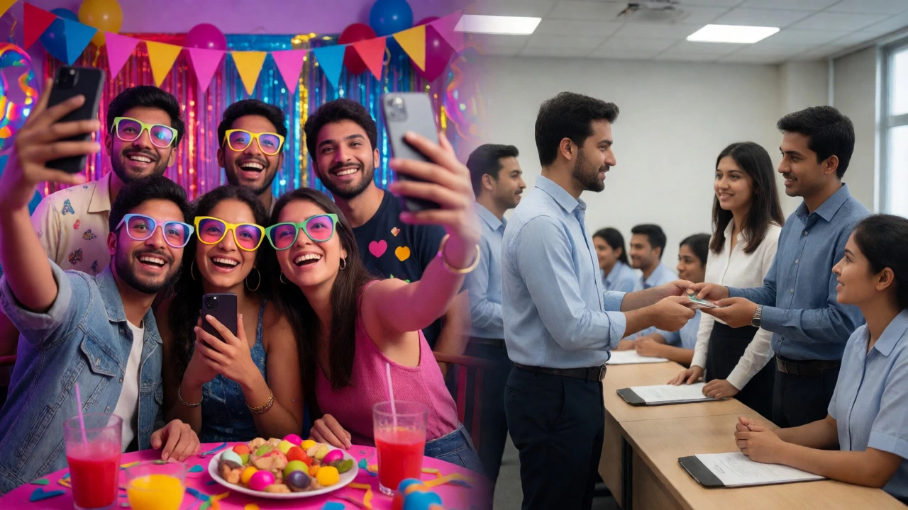 Split image contrasting lively selfie-taking youth with a formal workplace gathering.
