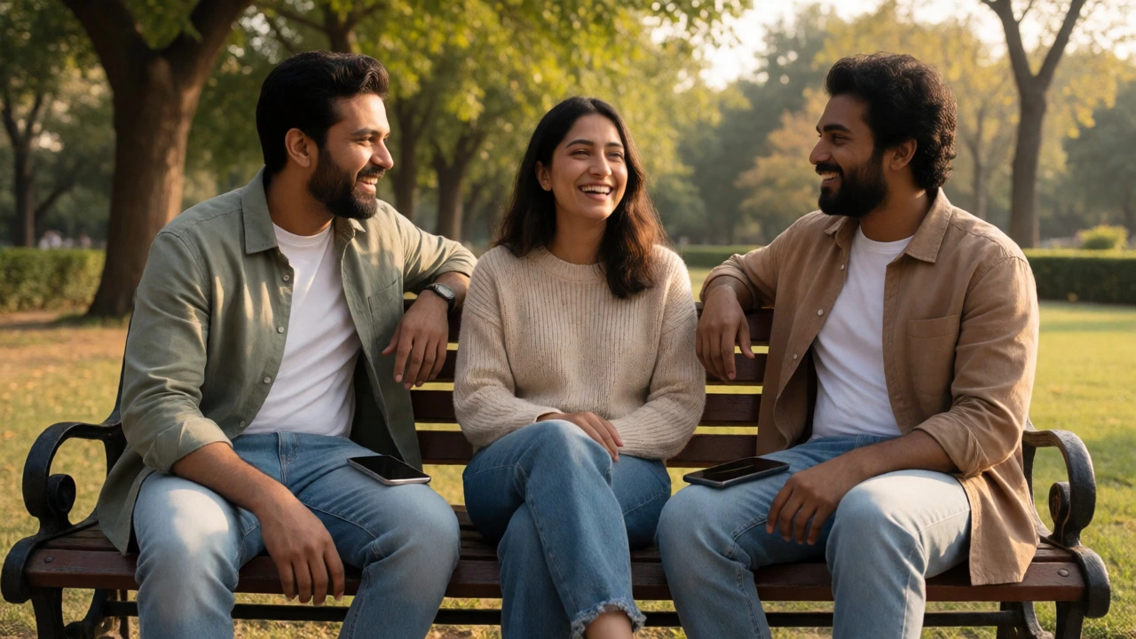 Three Indian friends talking on a park bench with phones put away.