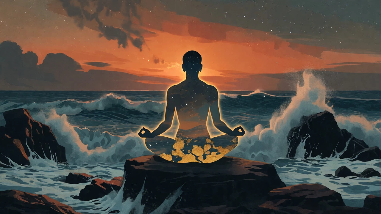 Transparent meditating figure overlooking a stormy ocean under a starry sky.