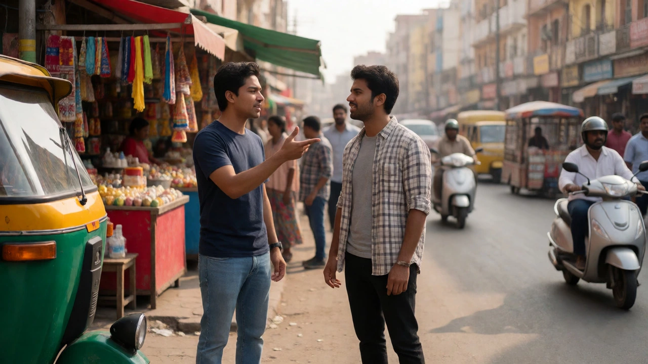 Two friends having a serious, honest conversation on a busy street
