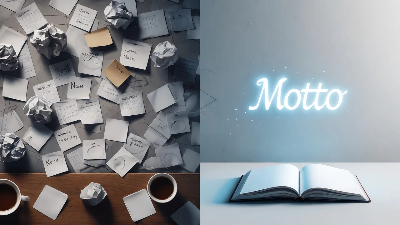 Visual metaphor of transforming chaotic thoughts into a clear motto