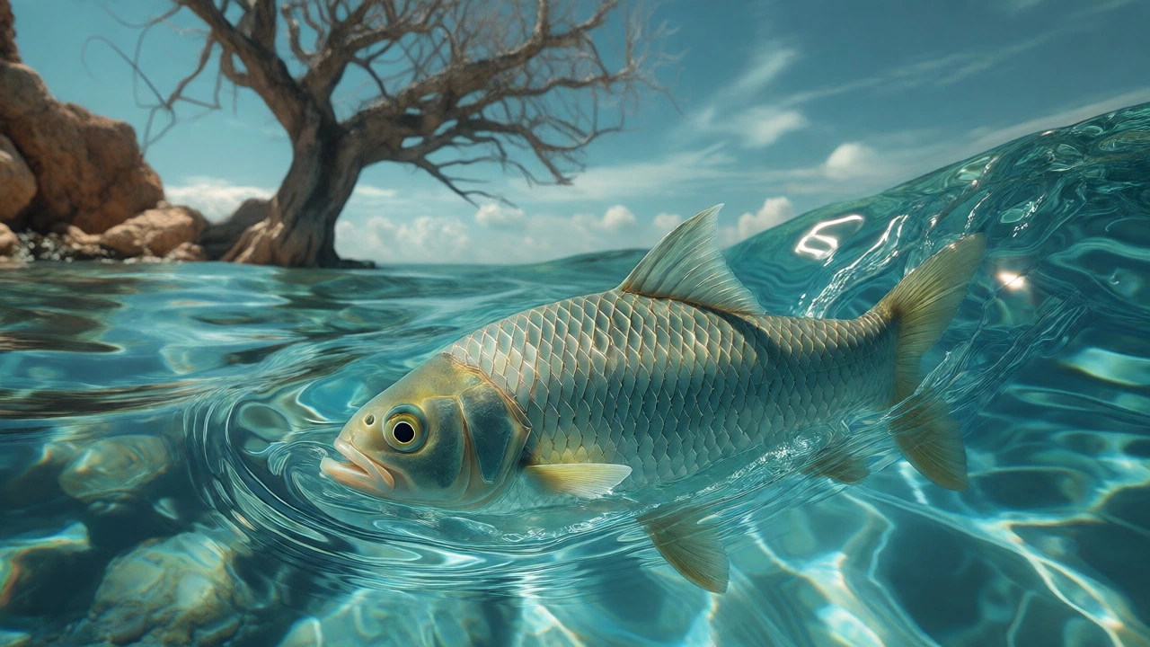 A fish swimming effortlessly in clear water with a dry tree in the background.