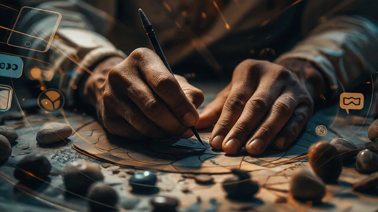 Close-up of hands working mindfully amidst fading digital distractions.