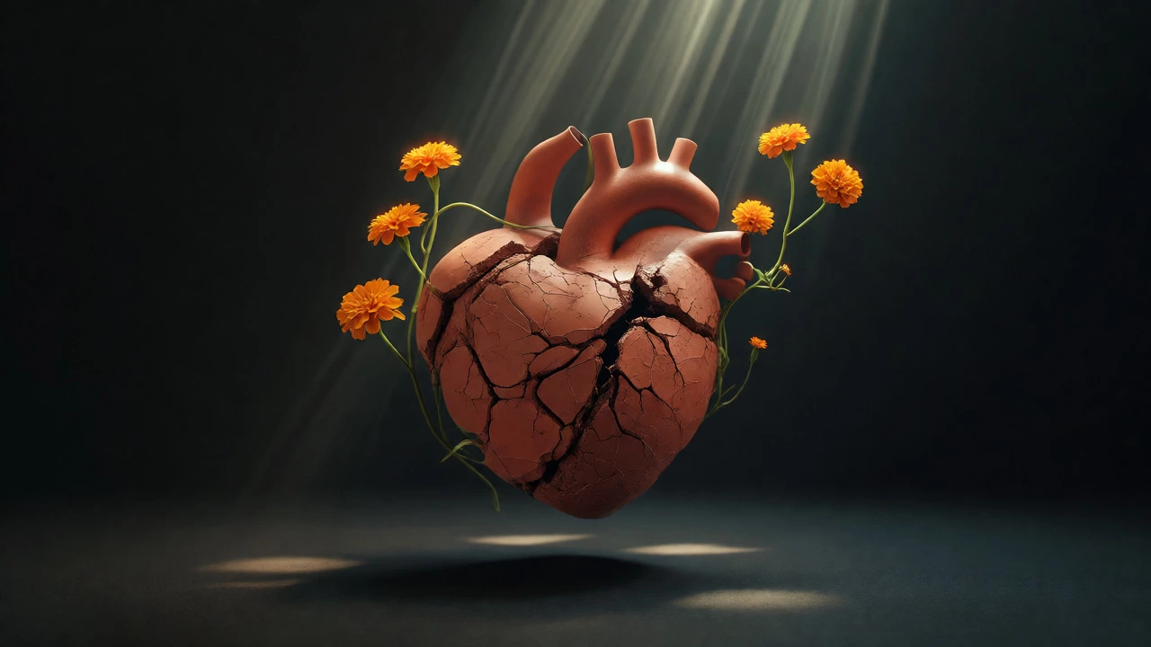 Cracked clay heart being healed by marigold vines in a surreal conceptual art piece.