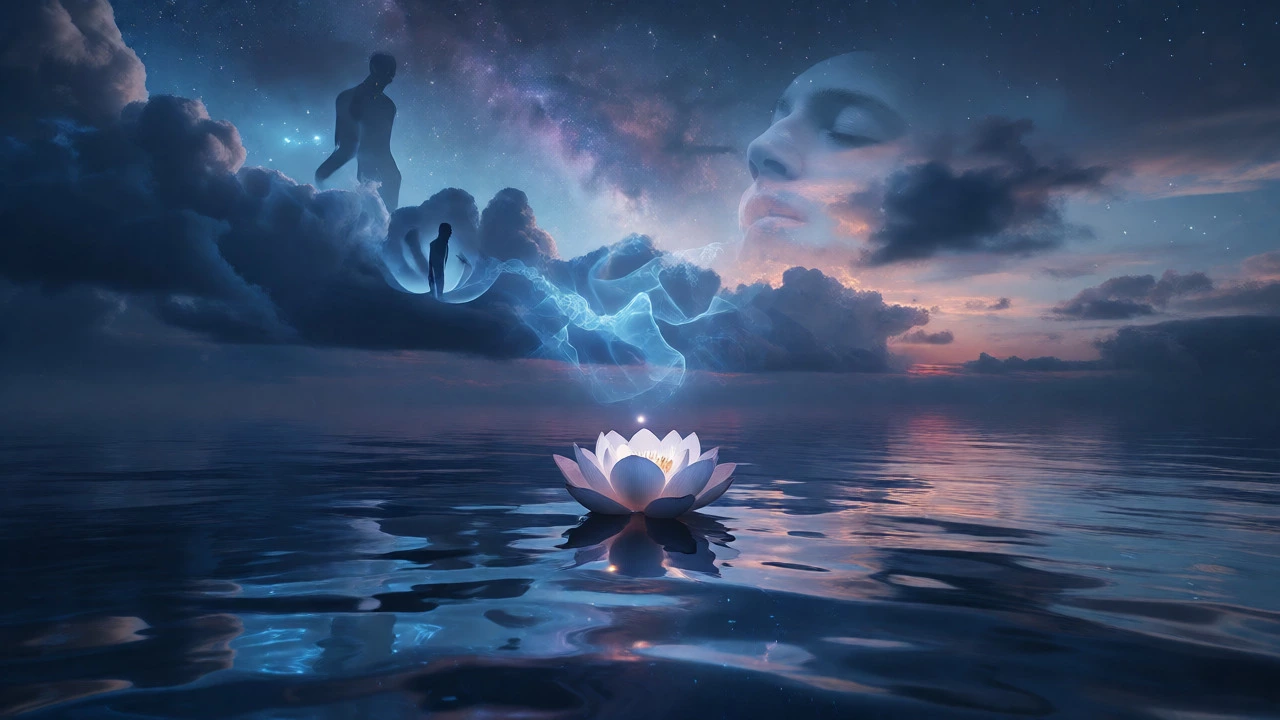 Glowing lotus on a twilight ocean with fading memories