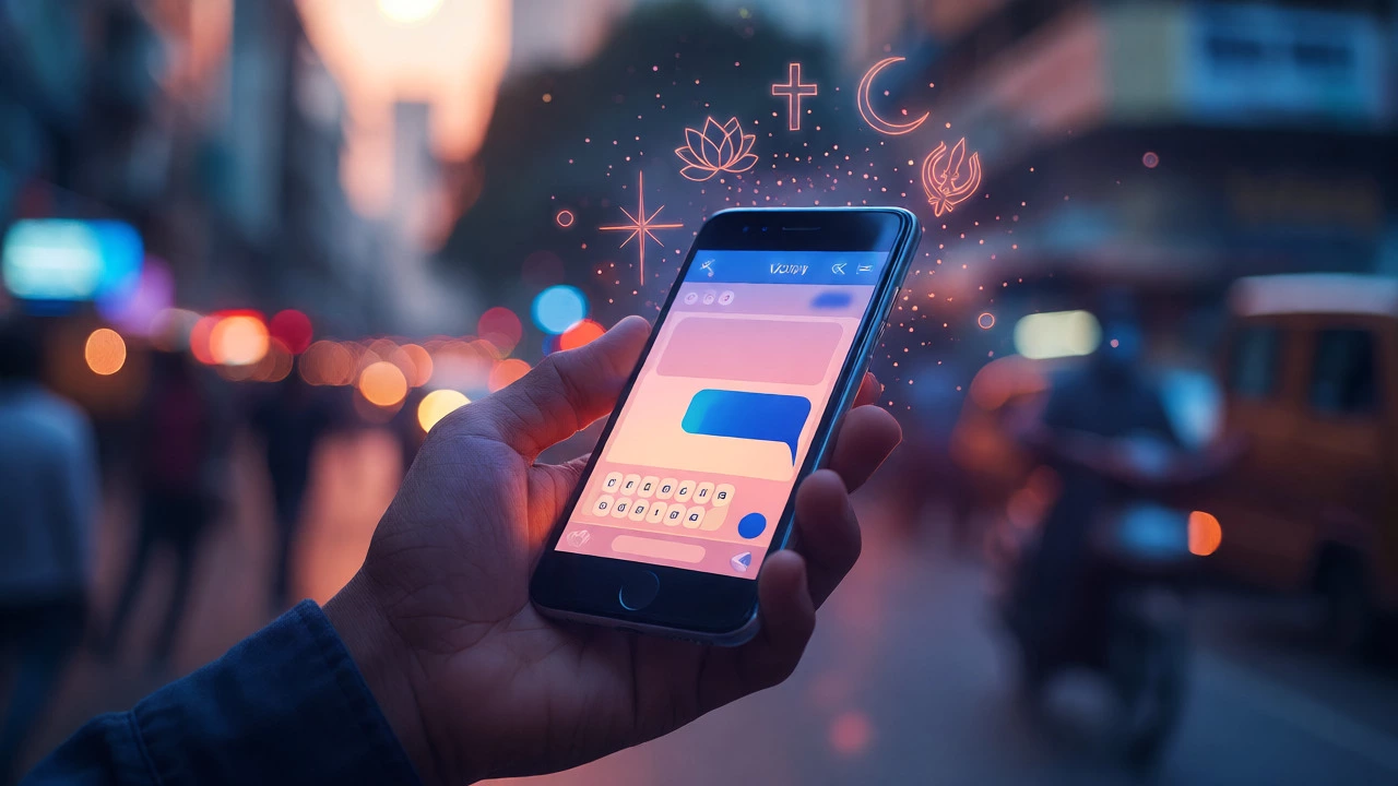 Hand holding a smartphone sending a birthday prayer amidst floating spiritual symbols.