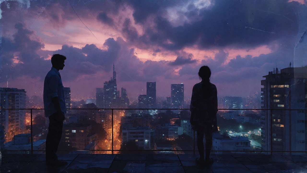 Two silhouettes on a Mumbai rooftop at dusk, separated by emotional distance.