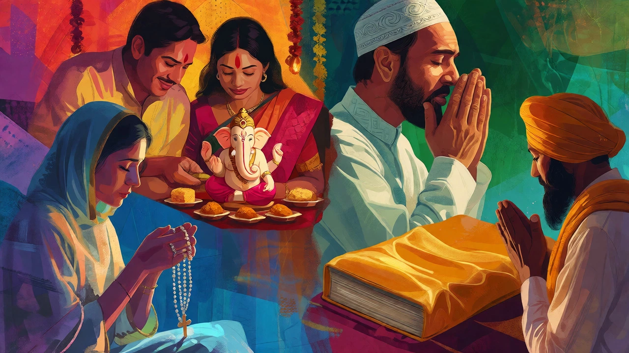 Vibrant artistic collage showing Hindu, Muslim, Christian, and Sikh birthday prayer traditions.
